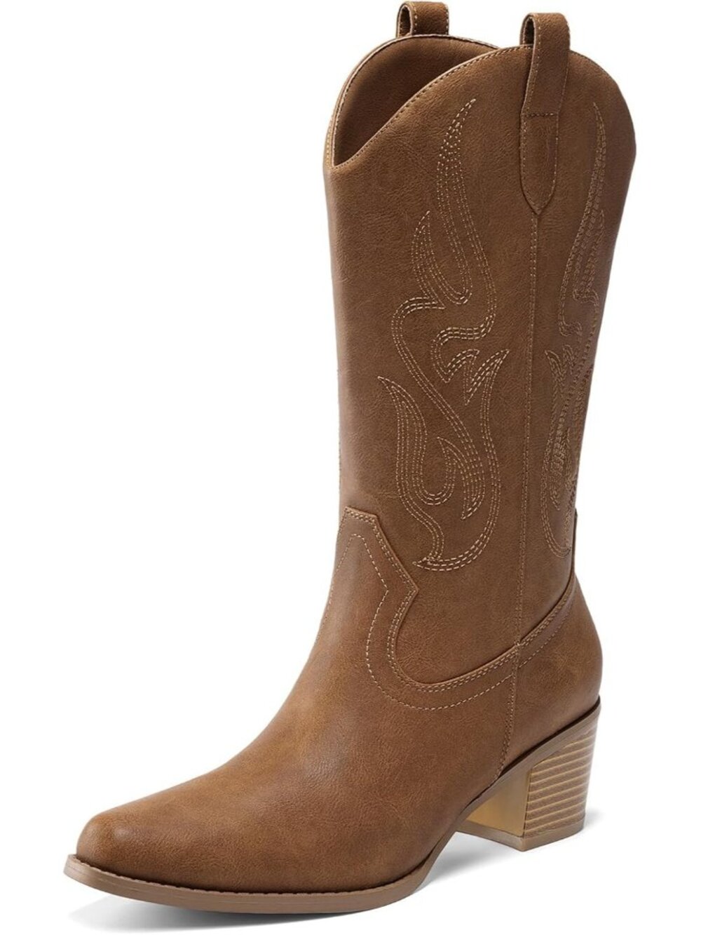 Women's Tan Faux Leather Comfort Square Toe Mid Calf Western Cowgirl Boots